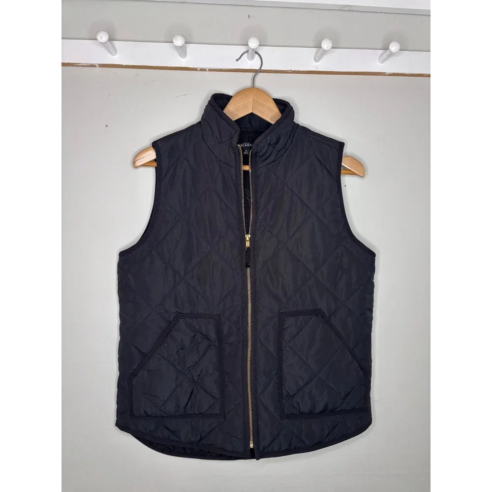 J Crew Mercantile Quilted Puffer Vest Black Gold Zip Womens Medium - Picture 1 of 5